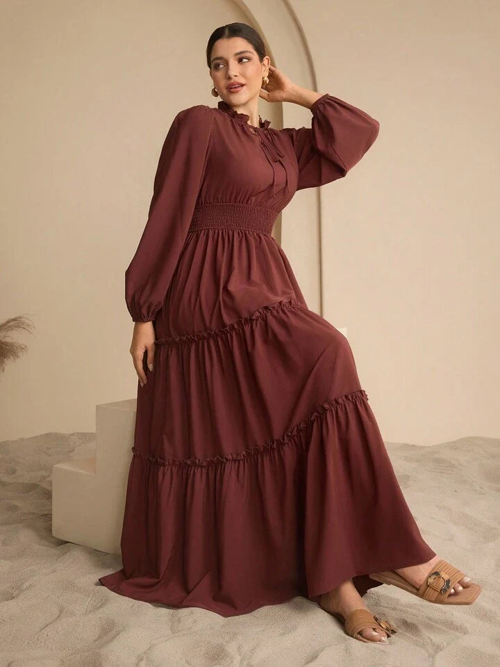 Women's Extra Long Ruffled Tiered A-Line Waist Cinching Long Dress