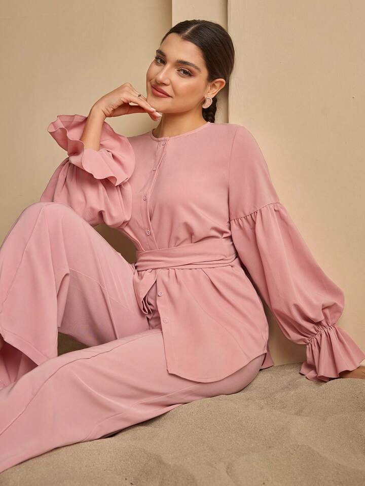 Graceveil 2 Pieces Set With Lantern Sleeves, Cinched Waist And Ruffle Hem Set  For Women