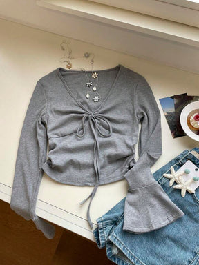 Women's Solid Color Bell Sleeve Crop T-Shirt With Tassel Detail