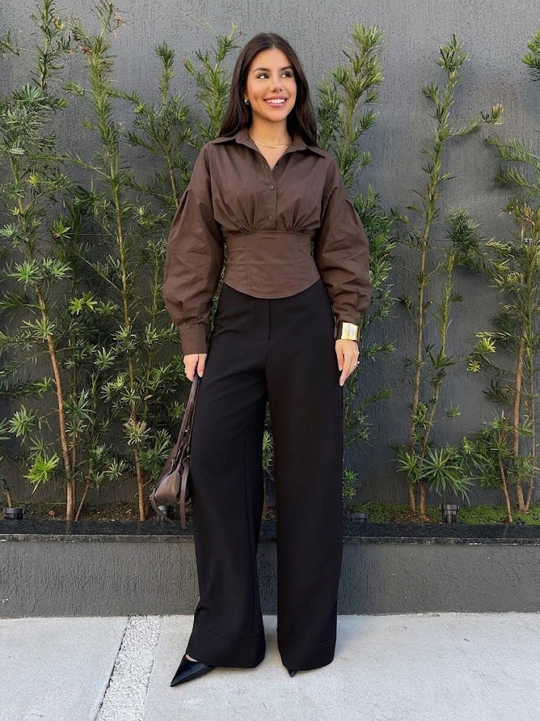 Back-Tie  Fitted Waist Long-Sleeves Shirt
