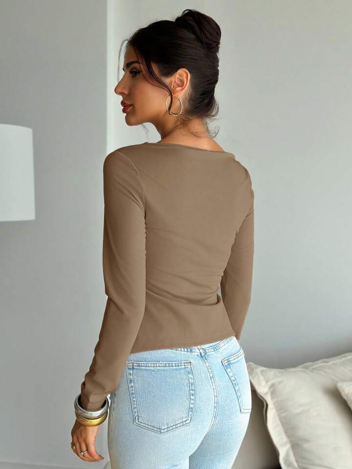Elegant Long Sleeve Cinched Waist Bodycon Asymmetrical Hem Top