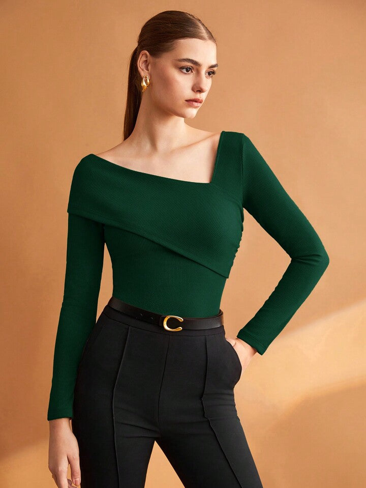Women Solid Elastic Foldable Slim Asymmetric Collar Long Sleeve Casual Top