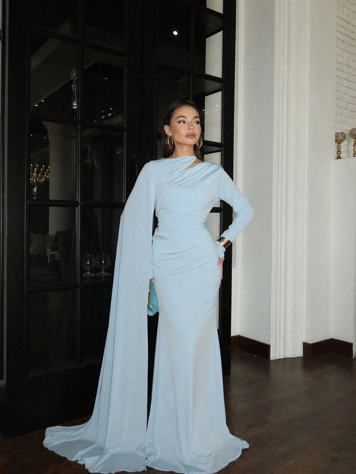 Elegant Light Blue Shawl-Style, Long-Sleeved, Slit-Hemmed Party Dress
