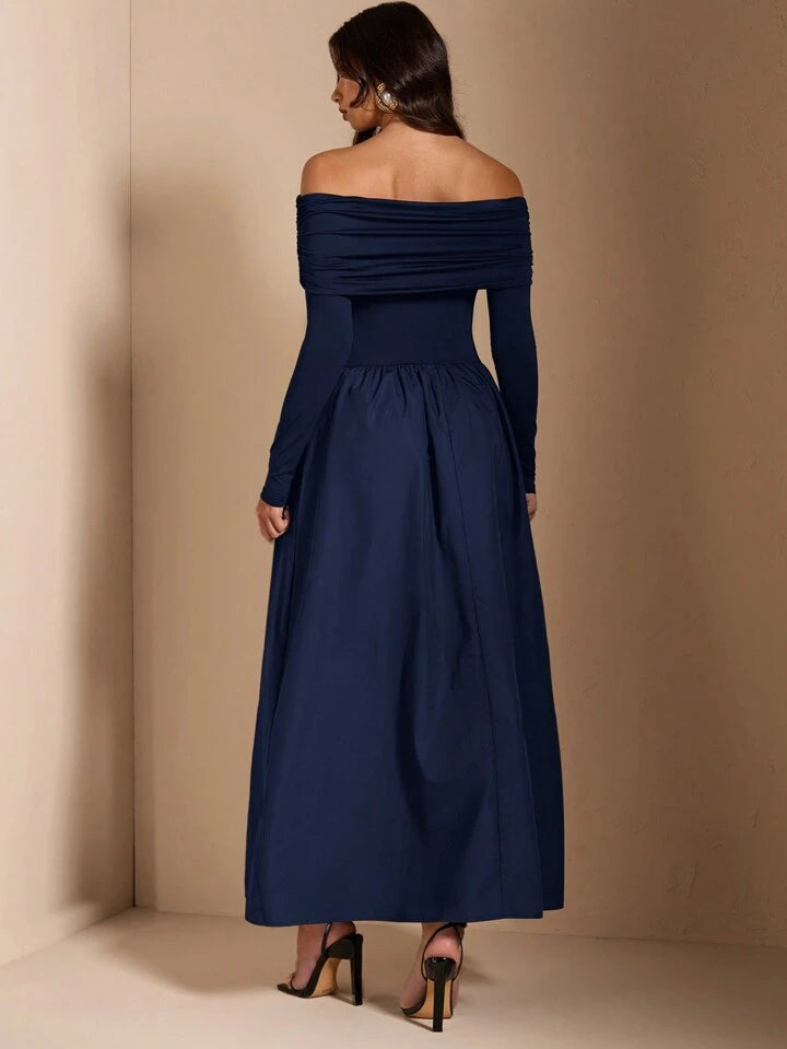 Solid Color Elegant Minimalist Sexy Shoulder Ruched Fitted Midi Dress