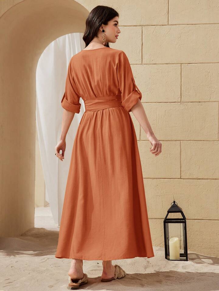 Women's V-Neck Solid Color Waist Belt And Tassel Decorated Elegant Arabic Summer Dress