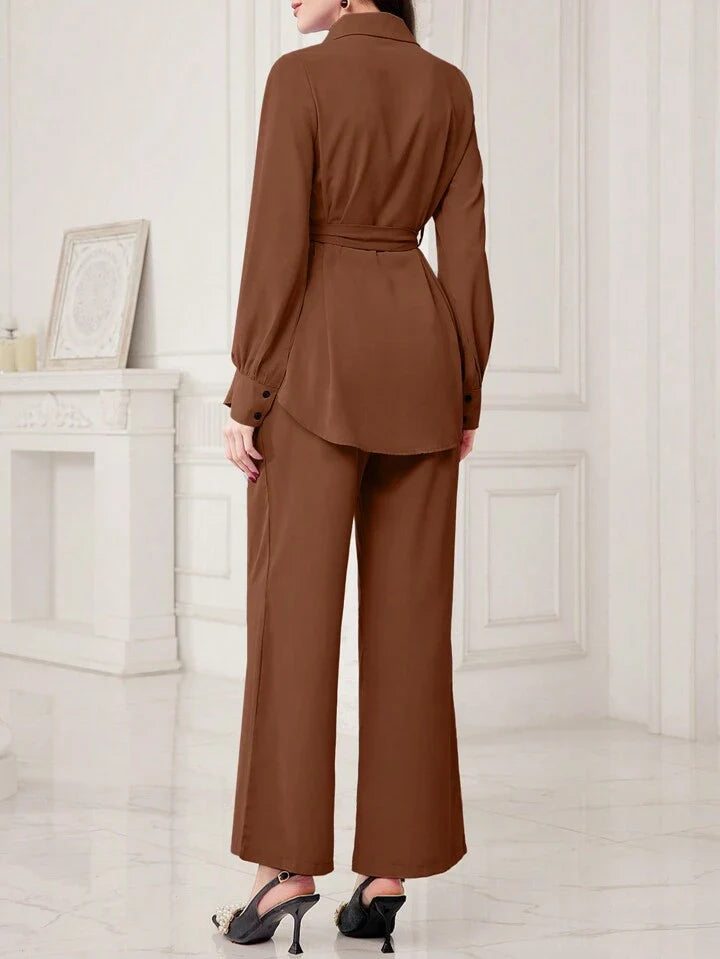 Women Solid Color Front Button Long Sleeve Casual Top And Pants Set