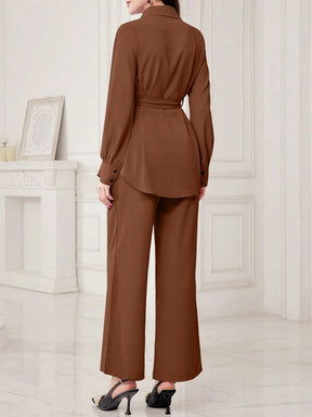 Women Solid Color Front Button Long Sleeve Casual Top And Pants Set