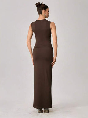 Women's Summer Casual Bottoming Sleeveless Long Skirt Slim Fit Suit and Elegant Top