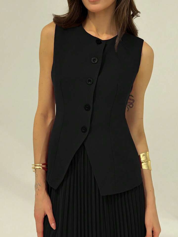 Women's Solid Color Single-Breasted Sleeveless Jacket And Pleated Mini Skirt Elegant Suit Set