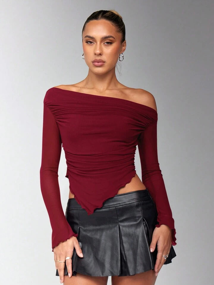 Women's Solid Brown Asymmetrical Ruched Asymmetrical Neck Hem jersey Long Sleeve Top