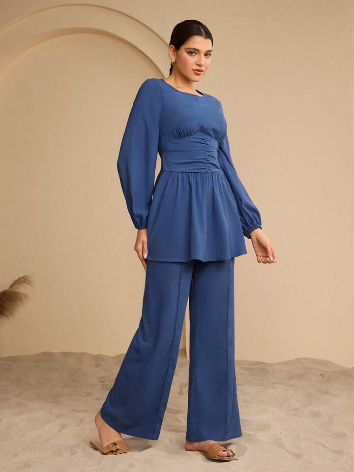 Women's Navy Blue Elegant Cinched Waist Long Sleeve Top + Long Pants Suit Set