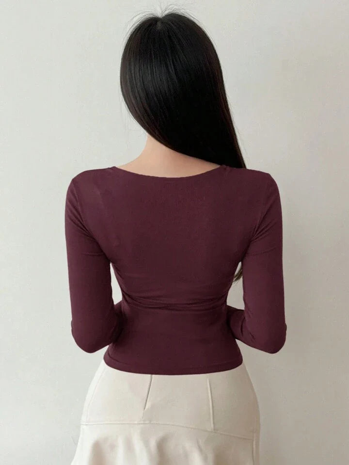 Women's Solid Color Simple Daily Crossed Strap Long Sleeve T-Shirt