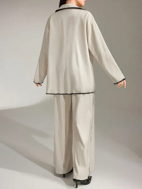 Casual Contrast Trim Shirt And Pant Women Full Sleeves Suit