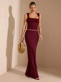 Summer Seaside  Solid Burgundy Square Neck Stretch Top Suit Skirt Suit
