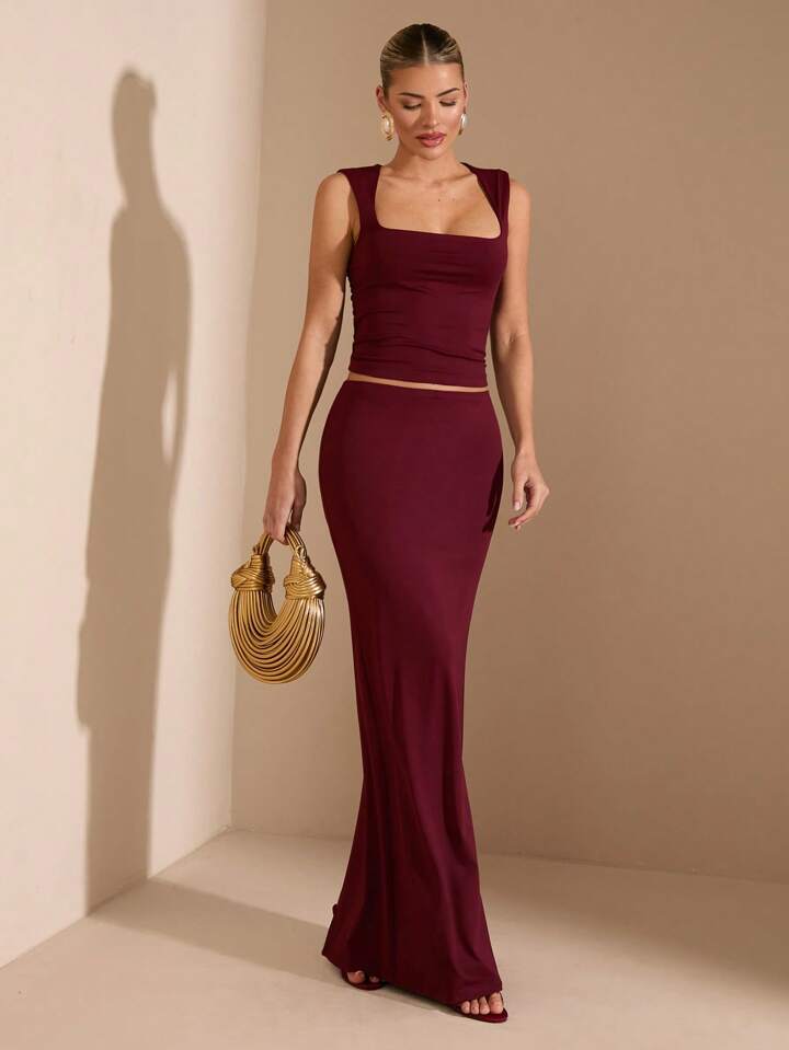 Summer Seaside  Solid Burgundy Square Neck Stretch Top Suit Skirt Suit