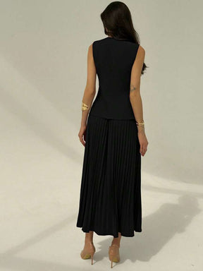 Women's Solid Color Single-Breasted Sleeveless Jacket And Pleated Mini Skirt Elegant Suit Set