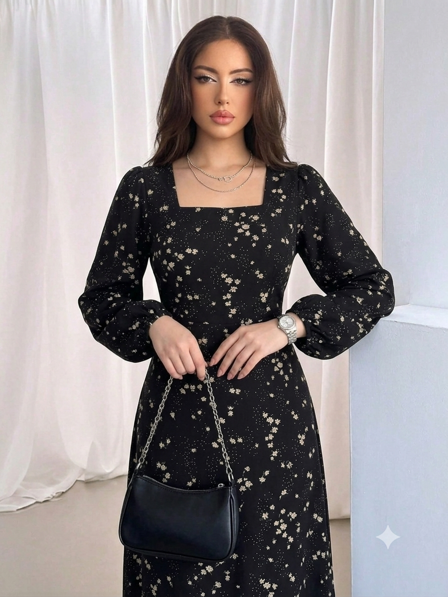 WOMEN'S ELEGANT PUFF SLEEVES CINCHED WAIST LONG DRESS WITH SMALL DITSY FLORAL