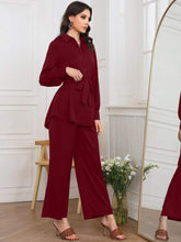 Women Solid Color Front Button Long Sleeve Casual Top And Pants Set