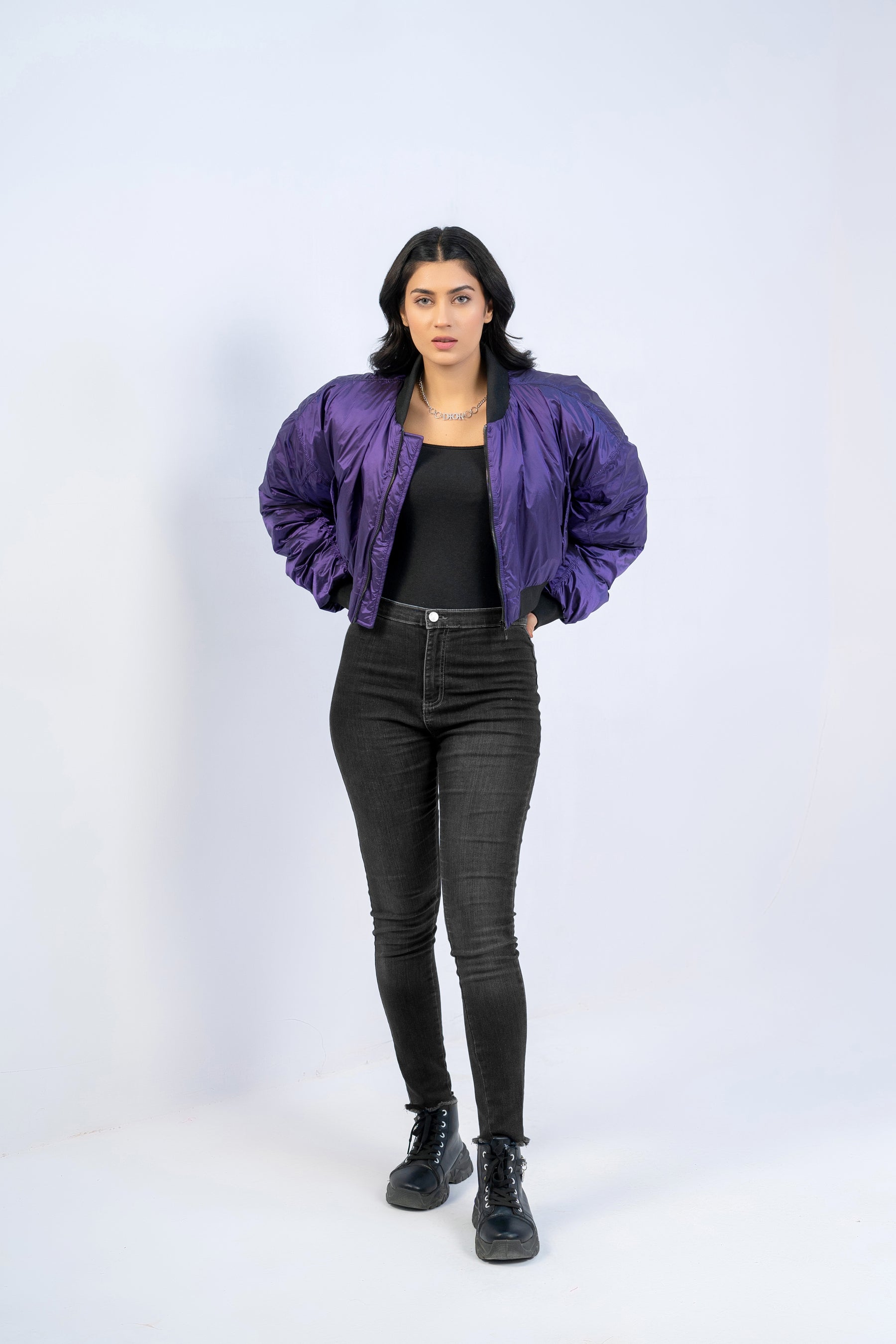 CROPPED METALLIC BOMBER JACKET-PURPLE