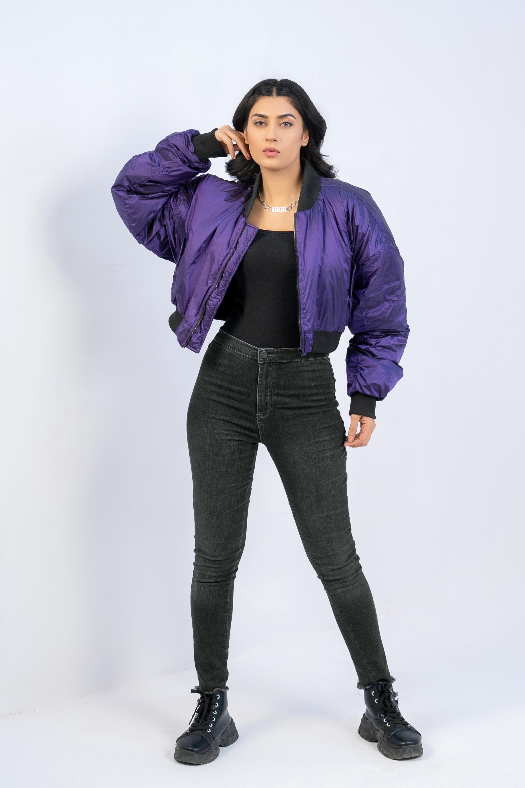 CROPPED METALLIC BOMBER JACKET-PURPLE