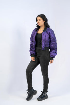 CROPPED METALLIC BOMBER JACKET-PURPLE