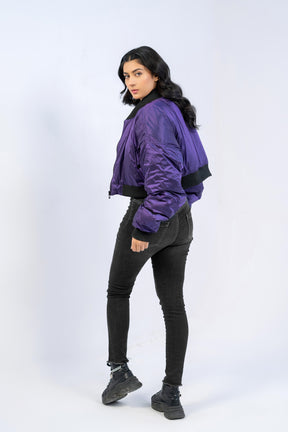 CROPPED METALLIC BOMBER JACKET-PURPLE