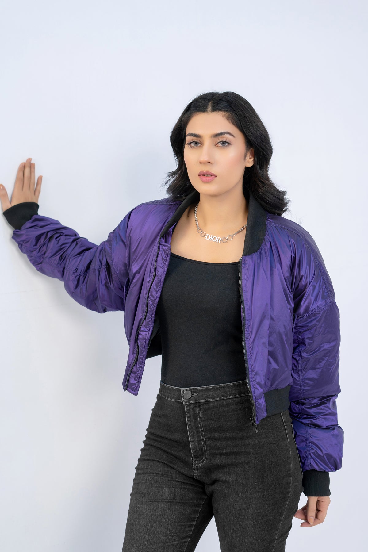 CROPPED METALLIC BOMBER JACKET-PURPLE