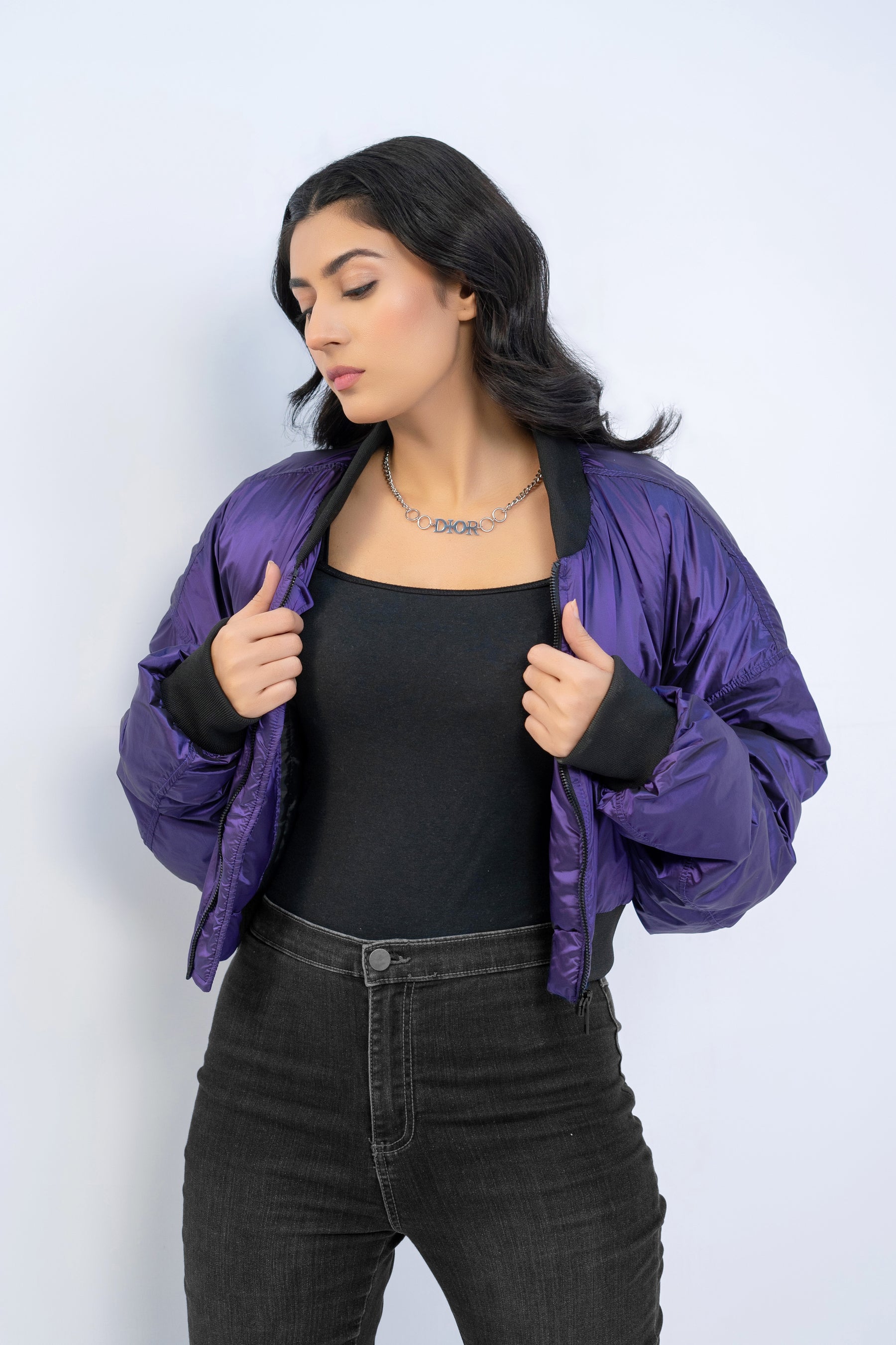 CROPPED METALLIC BOMBER JACKET-PURPLE