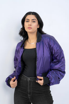 CROPPED METALLIC BOMBER JACKET-PURPLE