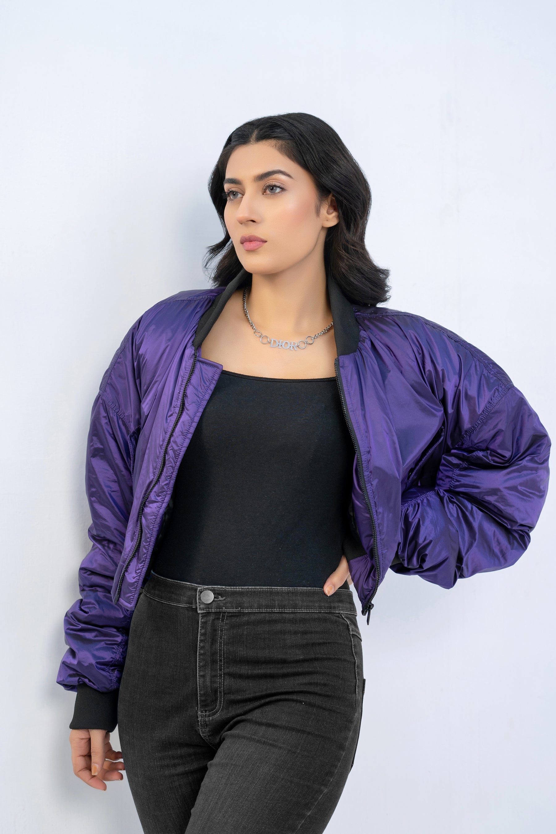 CROPPED METALLIC BOMBER JACKET-PURPLE