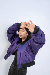 CROPPED METALLIC BOMBER JACKET-PURPLE