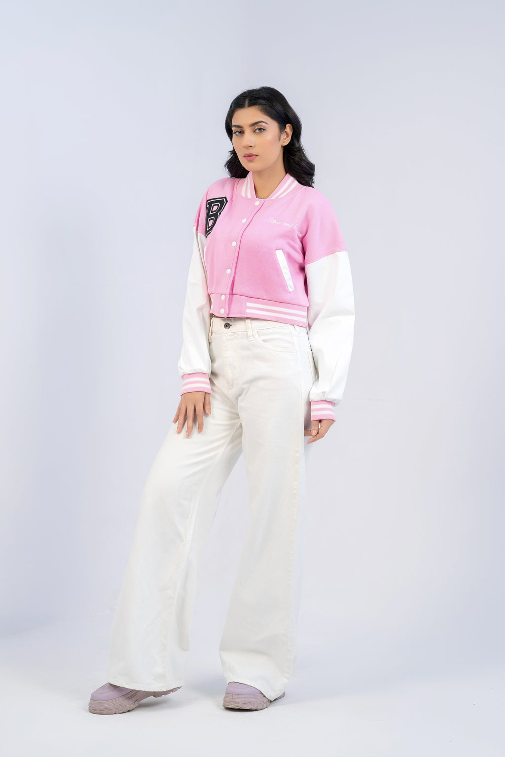 B SLOGAN CROPED VERSITY BASEBALL JACKET