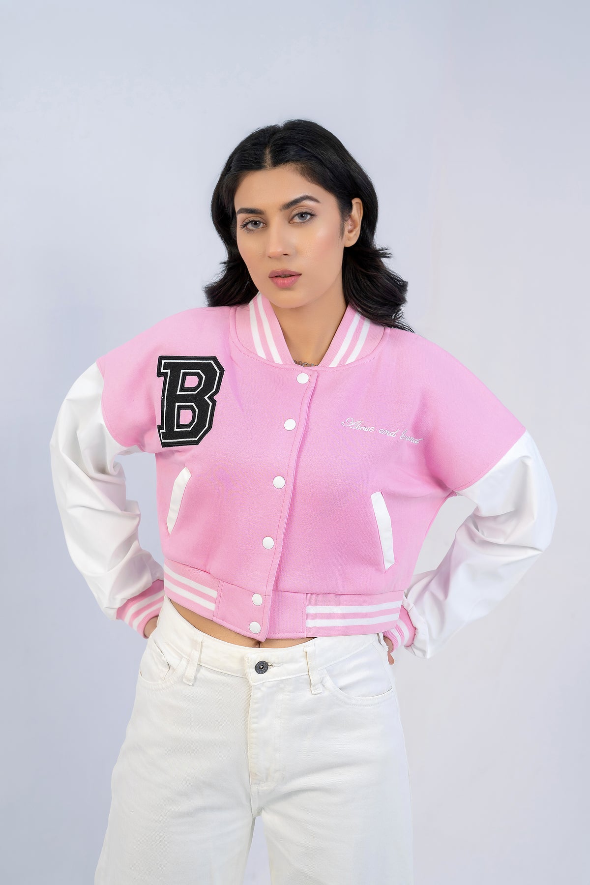 B SLOGAN CROPED VERSITY BASEBALL JACKET