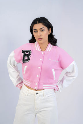 B SLOGAN CROPED VERSITY BASEBALL JACKET