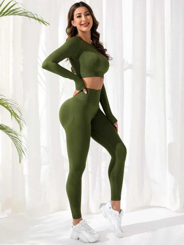 Sport Studio 2pcs Seamless Mono Yoga Fitness Set Raglan Sleeve Sports Tee