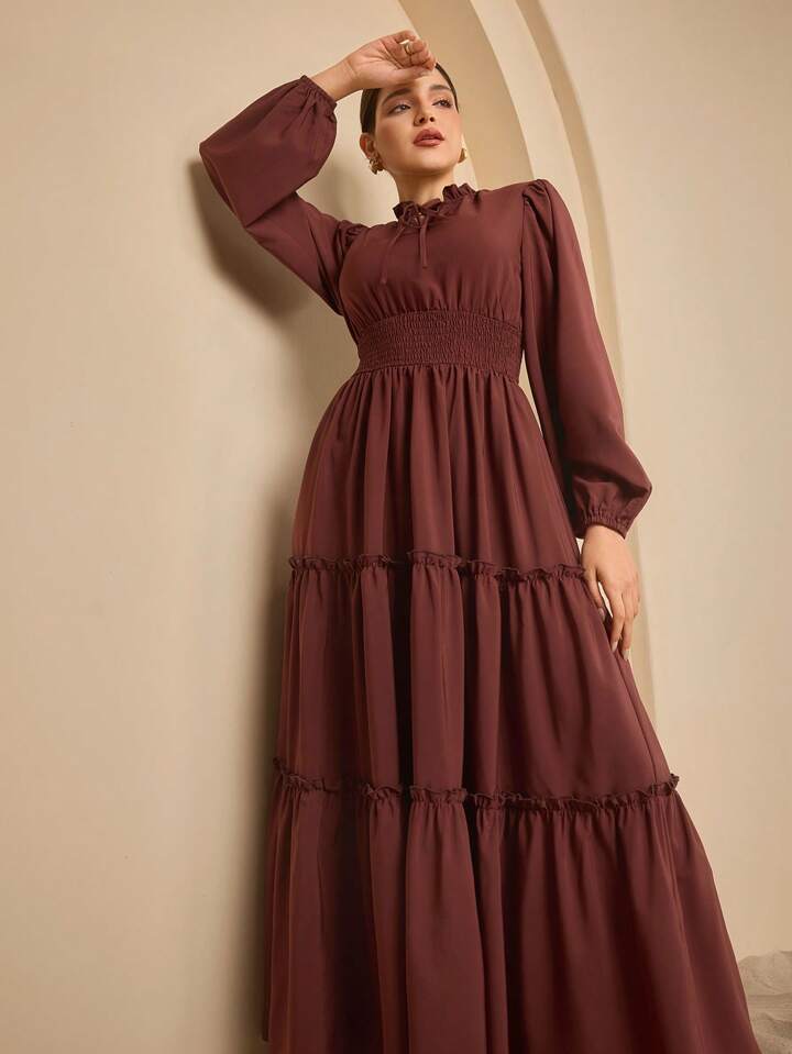 Women's Extra Long Ruffled Tiered A-Line Waist Cinching Long Dress