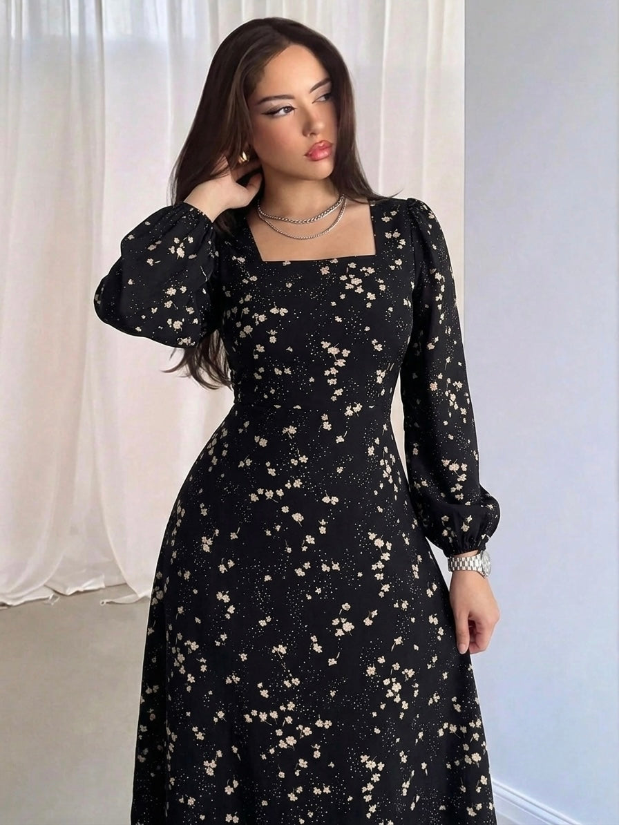 WOMEN'S ELEGANT PUFF SLEEVES CINCHED WAIST LONG DRESS WITH SMALL DITSY FLORAL