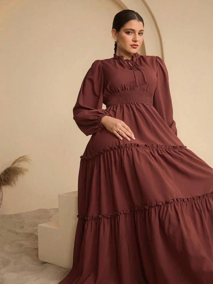 Women's Extra Long Ruffled Tiered A-Line Waist Cinching Long Dress