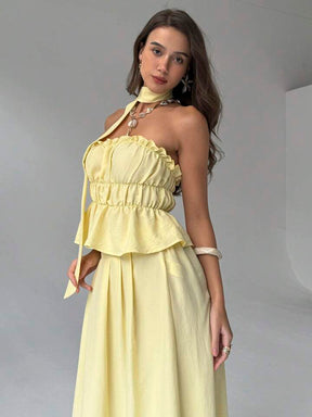 Women Summer Simple Solid Color Pleated Chest Ruffles Hem Tube Top And Long Skirt Set With Scarf