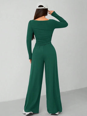CASUAL 2PCS KNITTED SLIM TOP & WIDE LEG PANTS