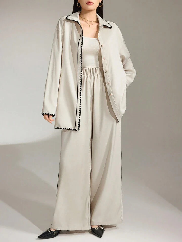Casual Contrast Trim Shirt And Pant Women Full Sleeves Suit