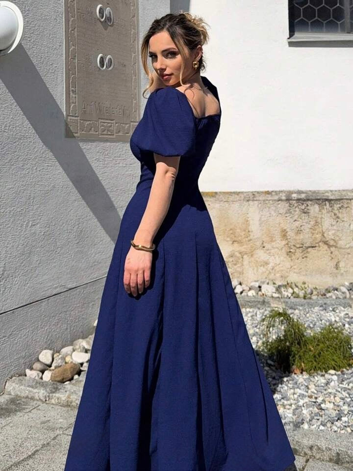 Solid Square Neck Bishop Sleeve Dress, Elegant