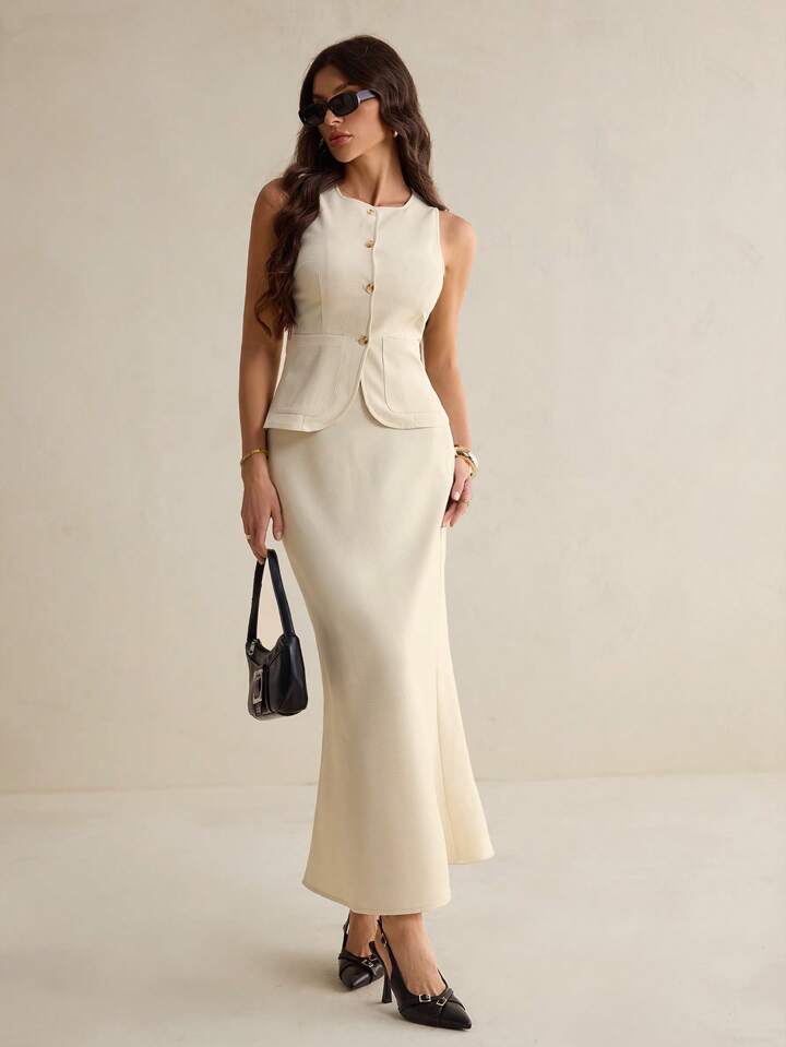 Women's Cardigan Button Sleeveless Vest Tank Top And Mermaid Hem Fitted Pencil Skirt Suit Set