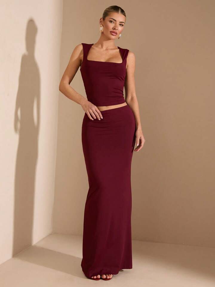Summer Seaside  Solid Burgundy Square Neck Stretch Top Suit Skirt Suit
