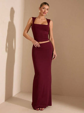 Summer Seaside  Solid Burgundy Square Neck Stretch Top Suit Skirt Suit