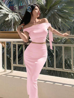 Asymmetric Neck Oblique Shoulder Tied Strap Simple Top & Slim Fit Skirt Two Pieces Set