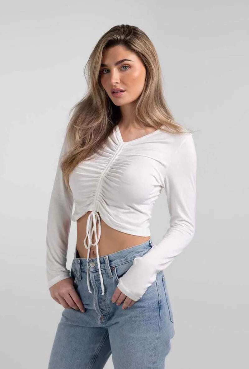 V-NECK DRAWSTRING LONG SLEEVES WHITE TEE