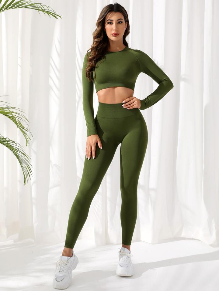 Sport Studio 2pcs Seamless Mono Yoga Fitness Set Raglan Sleeve Sports Tee
