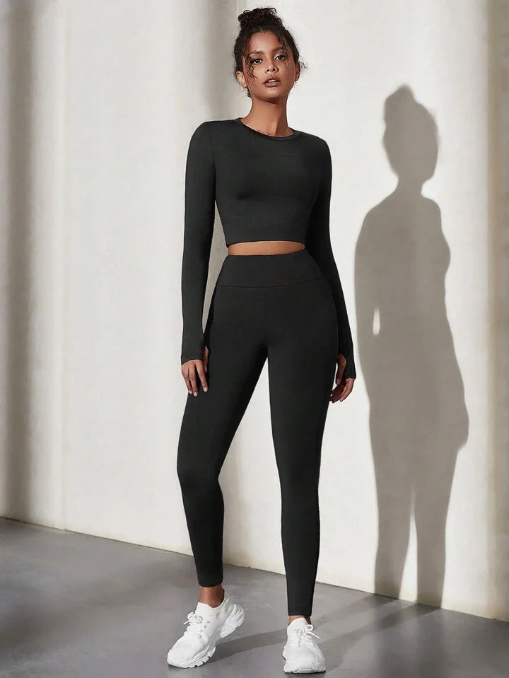 Sport Studio Solid Color Round Neck Sports Top Legging Set