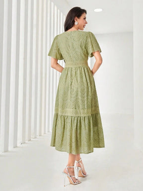 Women's Elegant Long Floral Embroidery Round Neck Ruffle Short Sleeve Dress